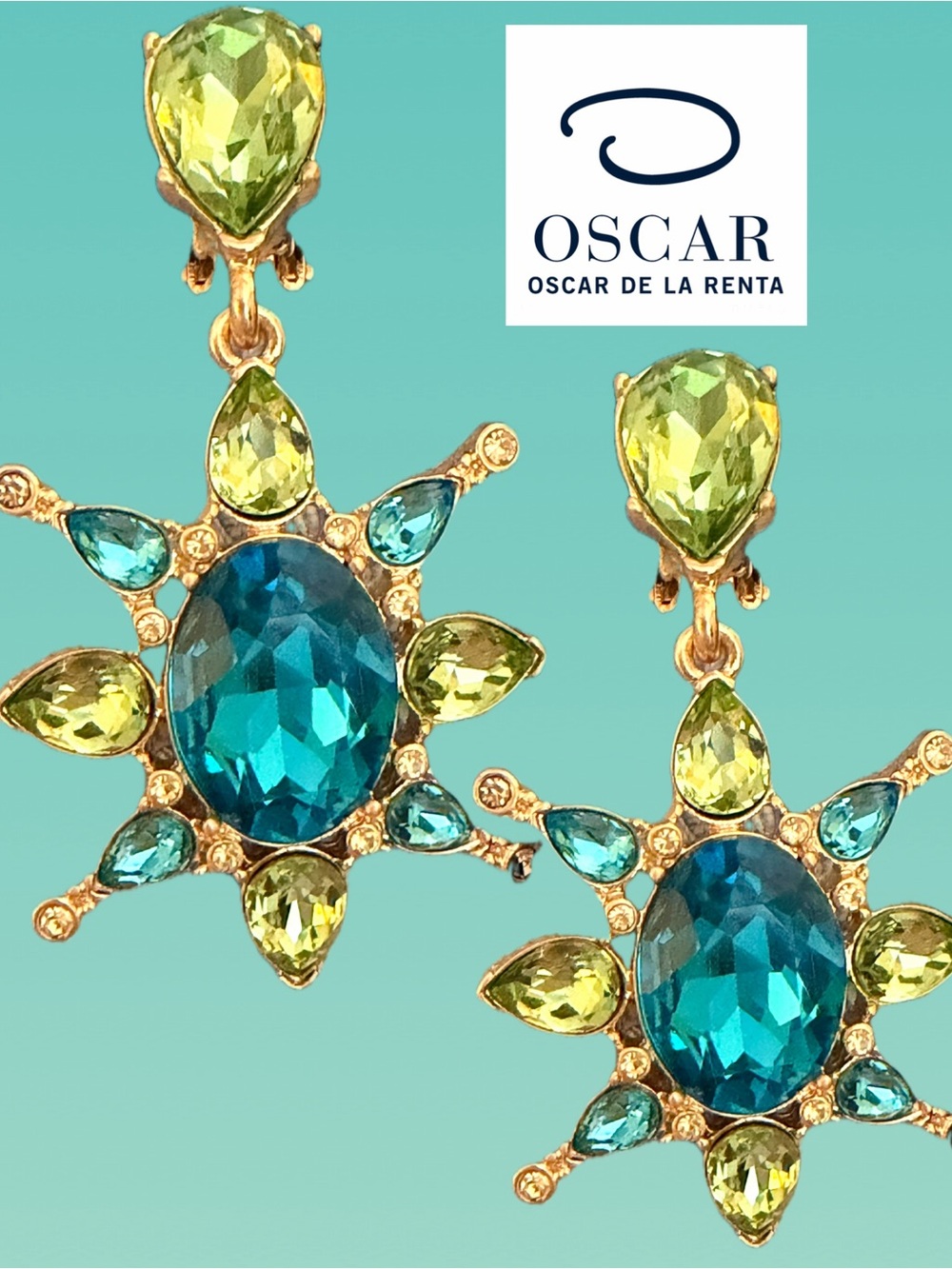 Oscar de la Renta CRYSTAL EARRINGS TROPICAL BLOOM STAR PERIDOT/BRT BLUE Clip-On